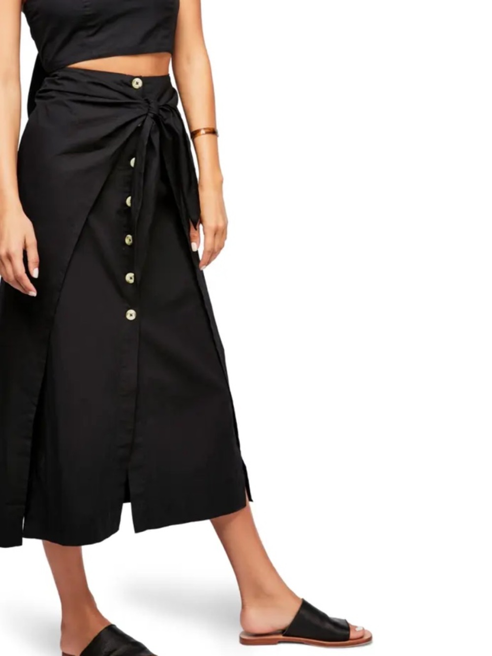 Free People Button Front Sarong Belted Wrap Midi Skirt Black